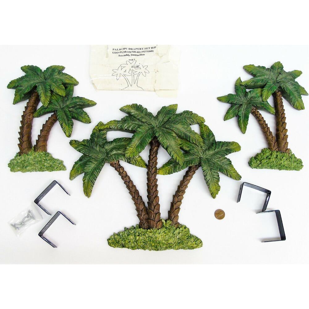 Palm Tree Set 3 Wall Art Figural Sculpture 13" 9.5" Swag Curtain Tie Backs 3D